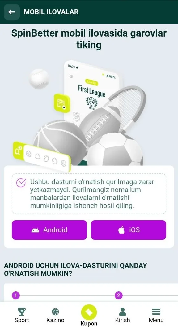 SpinBetter yuklab olish — mobil ilovani oʻrnatish sahifasi