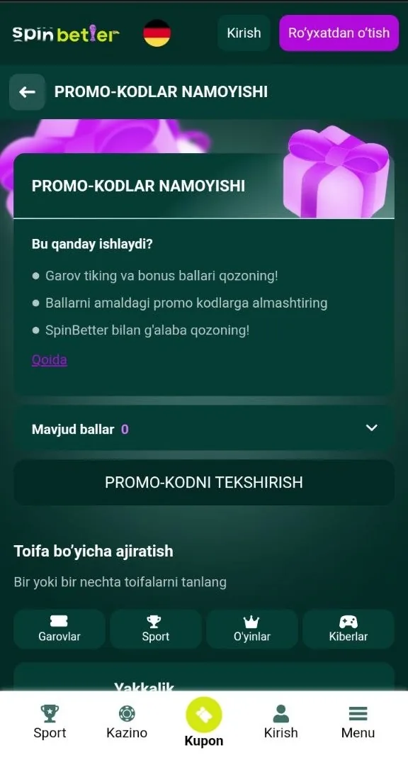 SpinBetter promo kodi — anketadagi kod maydoni