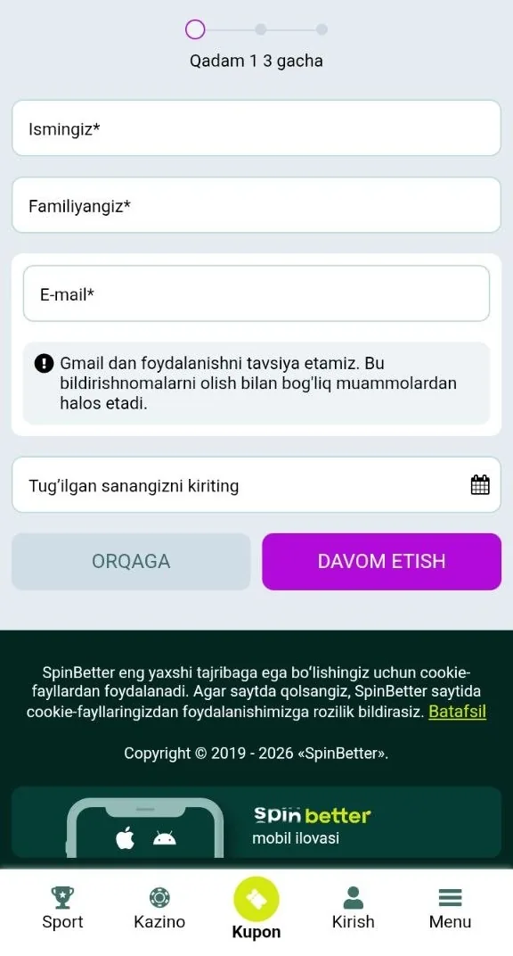 SpinBetter registration — kazinoda hisob ochish anketasi